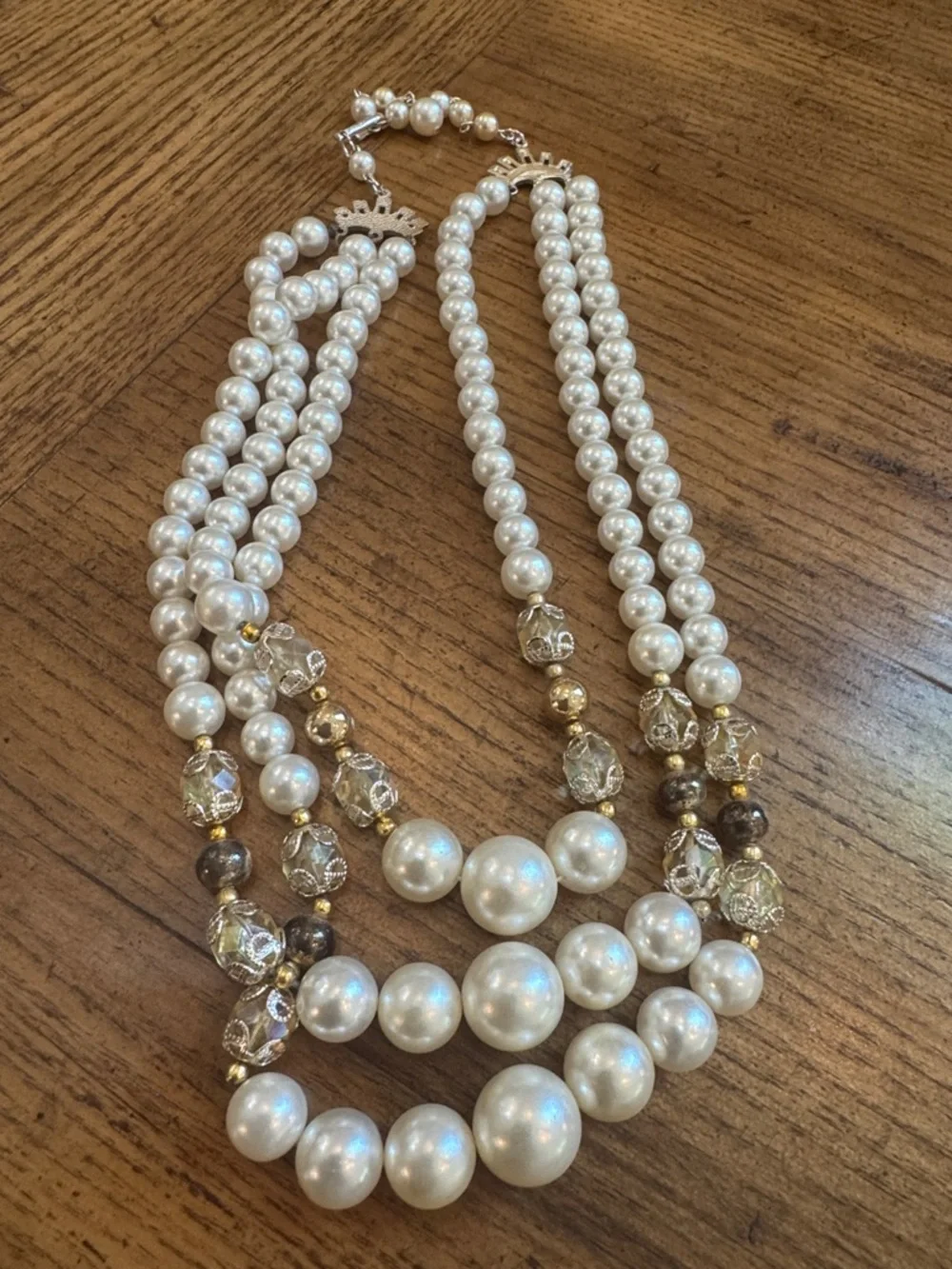 Elegant Multi-Strand Pearl and Crystal Necklace - Cream & Gold | Made In Japan